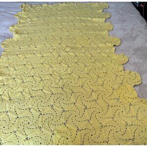 Vintage handmade blanket yellow wool  Hexagonal-Swirl pattern  43” x 72”